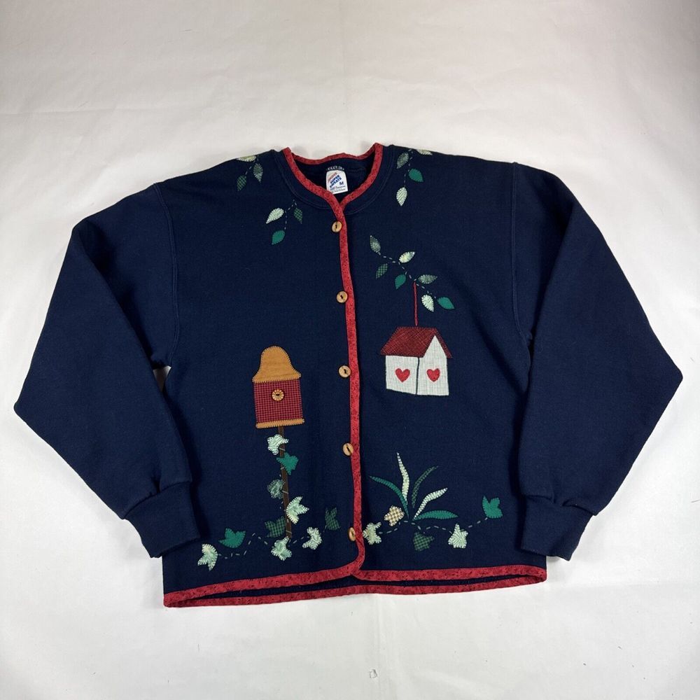 Vtg Jerzees Super Sweats Sweater Womens M Blue Cardigan Made in USA Bird Y2K 90s